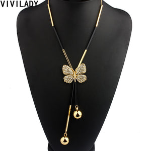 VIVILADY Elegant Butterfly Long Beaded Chain Tassel Necklace Women Rhinestone