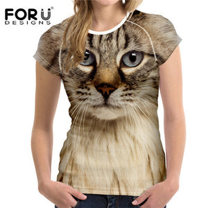 FORUDESIGNS Black Cat Printing Women T Shirt 3D Cat Dog T-Shirt Casual Female Round Neck