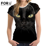 FORUDESIGNS Black Cat Printing Women T Shirt 3D Cat Dog T-Shirt Casual Female Round Neck