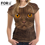 FORUDESIGNS Black Cat Printing Women T Shirt 3D Cat Dog T-Shirt Casual Female Round Neck