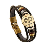 Bronze Alloy Buckles 12 constellations Bracelet Punk Leather Zodiac Bracelet Wooden Bead Black Gallstone