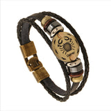 Bronze Alloy Buckles 12 constellations Bracelet Punk Leather Zodiac Bracelet Wooden Bead Black Gallstone