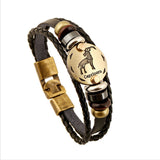 Bronze Alloy Buckles 12 constellations Bracelet Punk Leather Zodiac Bracelet Wooden Bead Black Gallstone