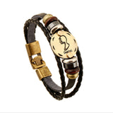 Bronze Alloy Buckles 12 constellations Bracelet Punk Leather Zodiac Bracelet Wooden Bead Black Gallstone