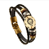 Bronze Alloy Buckles 12 constellations Bracelet Punk Leather Zodiac Bracelet Wooden Bead Black Gallstone