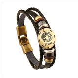 Bronze Alloy Buckles 12 constellations Bracelet Punk Leather Zodiac Bracelet Wooden Bead Black Gallstone