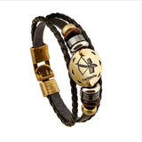 Bronze Alloy Buckles 12 constellations Bracelet Punk Leather Zodiac Bracelet Wooden Bead Black Gallstone