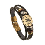 Bronze Alloy Buckles 12 constellations Bracelet Punk Leather Zodiac Bracelet Wooden Bead Black Gallstone