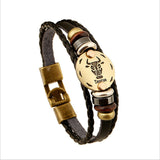 Bronze Alloy Buckles 12 constellations Bracelet Punk Leather Zodiac Bracelet Wooden Bead Black Gallstone