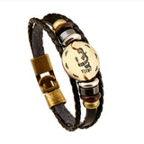 Bronze Alloy Buckles 12 constellations Bracelet Punk Leather Zodiac Bracelet Wooden Bead Black Gallstone