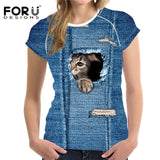 FORUDESIGNS Black Cat Printing Women T Shirt 3D Cat Dog T-Shirt Casual Female Round Neck