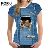 FORUDESIGNS Black Cat Printing Women T Shirt 3D Cat Dog T-Shirt Casual Female Round Neck