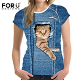 FORUDESIGNS Black Cat Printing Women T Shirt 3D Cat Dog T-Shirt Casual Female Round Neck