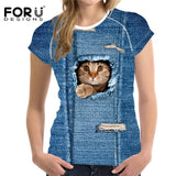 FORUDESIGNS Black Cat Printing Women T Shirt 3D Cat Dog T-Shirt Casual Female Round Neck