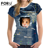 FORUDESIGNS Black Cat Printing Women T Shirt 3D Cat Dog T-Shirt Casual Female Round Neck