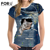 FORUDESIGNS Black Cat Printing Women T Shirt 3D Cat Dog T-Shirt Casual Female Round Neck