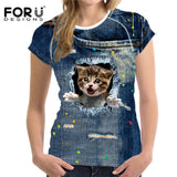 FORUDESIGNS Black Cat Printing Women T Shirt 3D Cat Dog T-Shirt Casual Female Round Neck