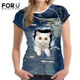 FORUDESIGNS Black Cat Printing Women T Shirt 3D Cat Dog T-Shirt Casual Female Round Neck