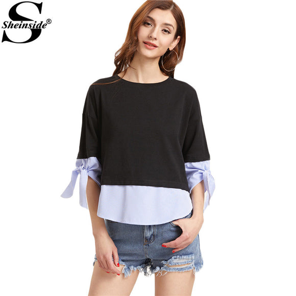 Sheinside Tie Sleeve 2 In 1 Cute T-shirt Women Black Contrast Striped Trim Summer Tops 2017