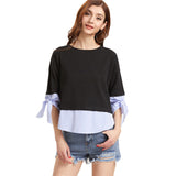 Sheinside Tie Sleeve 2 In 1 Cute T-shirt Women Black Contrast Striped Trim Summer Tops 2017