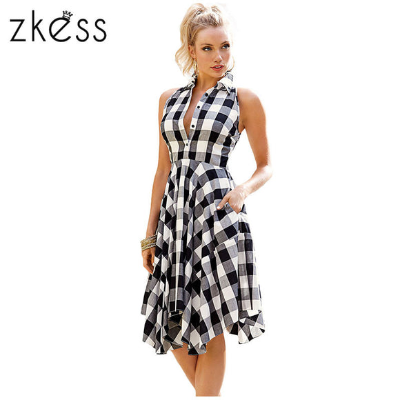 Zkess 2017 Checks Flared Plaid Shirtdress Explosions Leisure Vintage Dresses