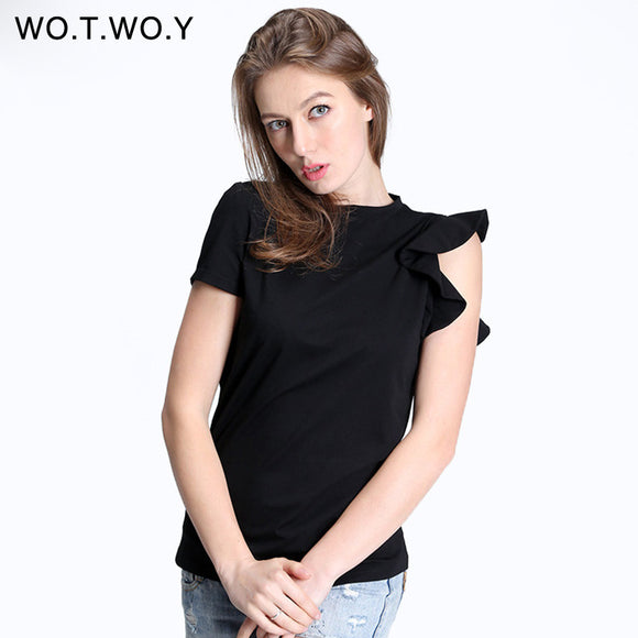 WOTWOY Spring Off Shoulder Ruffles Cotton T Shirt Women 2017