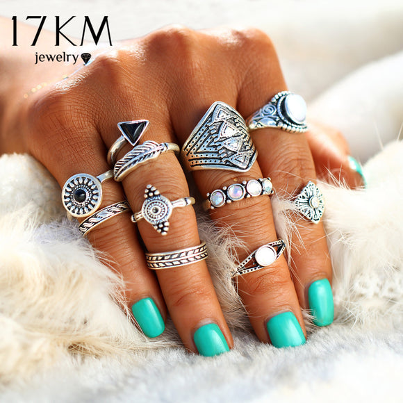 17KM Fashion Leaf Stone Midi Ring Sets New 2017 Vintage Crystal Opal Knuckle Rings for Women 2017